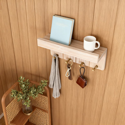 Porte-clés mural avec tablette et 4 crochets, organisateur décoratif compact pour clés, courrier et articles essentiels, décor de maison de campagne moderne