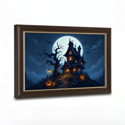 Haunted House With Glowing Pumpkins And Bats Halloween Canvas Wall Art