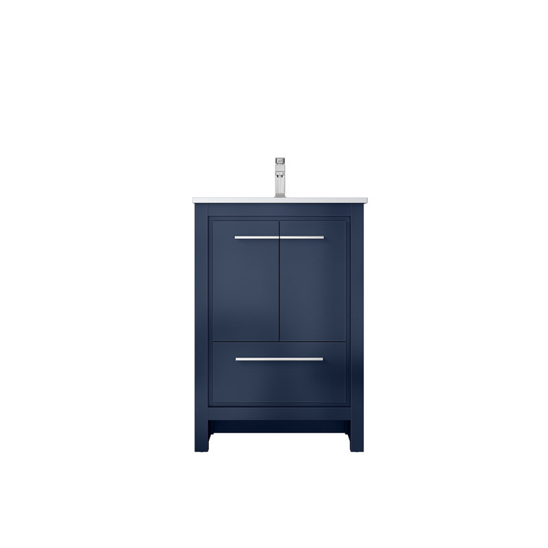 Meuble-lavabo bleu marine 24 po X P 20 po D, dessus en quartz blanc et robinet chromé, 24"