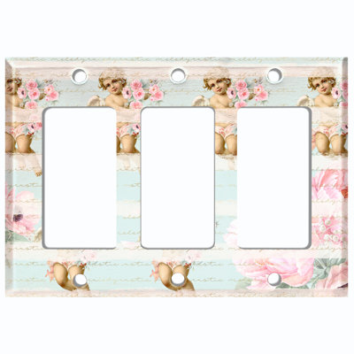 Metal Light Switch Plate Outlet Cover (Valentine Angel Cupid Vintage Cherub Flowers Pink Stripes Blue  - Single Toggle)