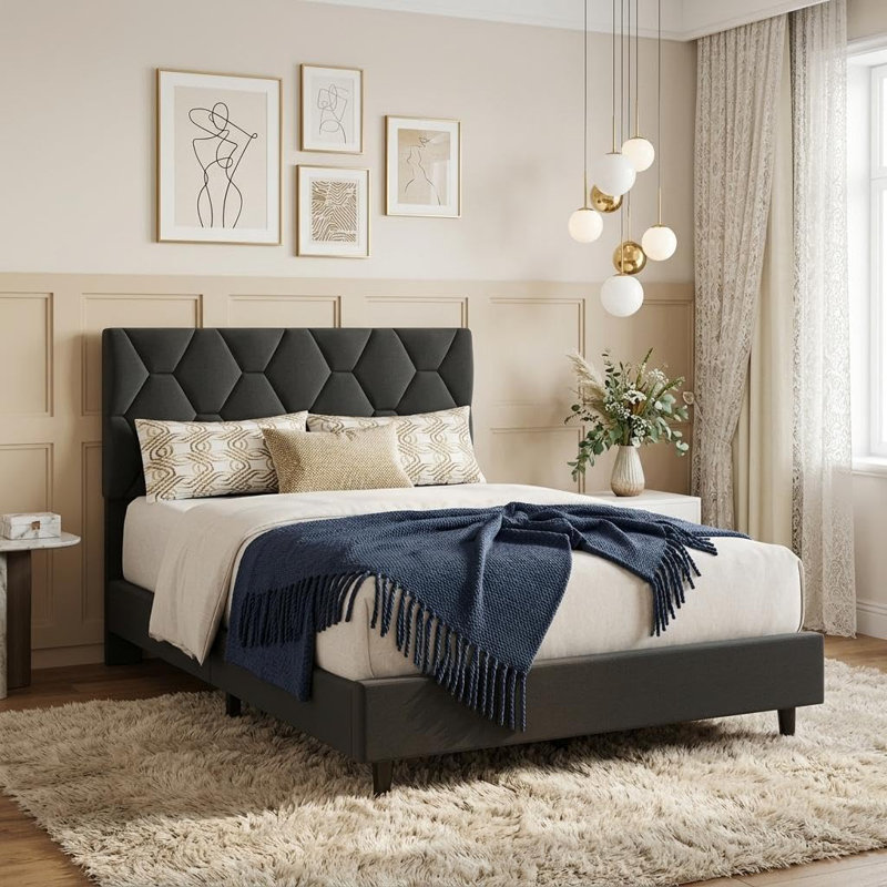 Cadre de lit plateforme entièrement rembourré avec tête de lit ajustable, lattes en bois, gris, Extra-long Twin, Gris