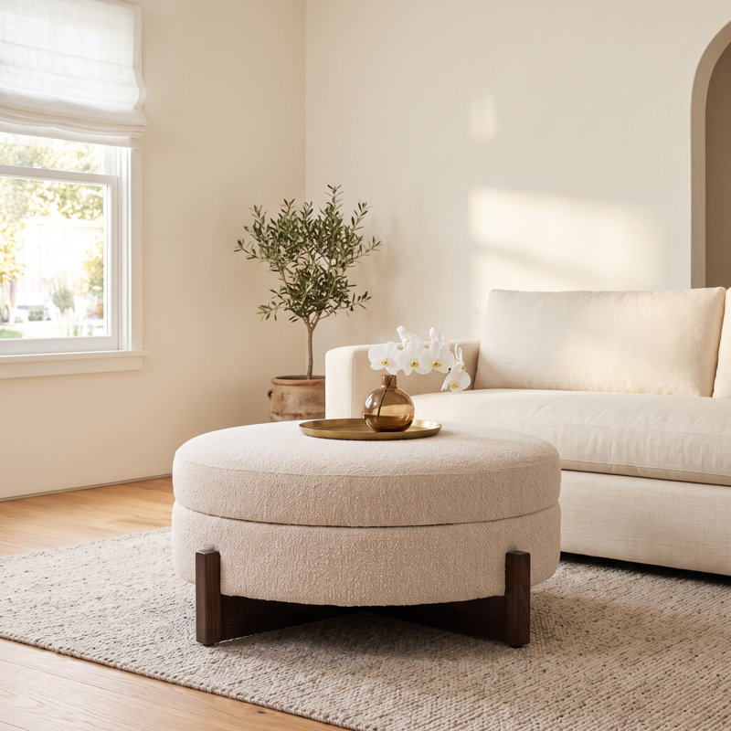 Regan 39" Wide Round Storage Ottoman, Saddle Fog Boucle, Dark Brown