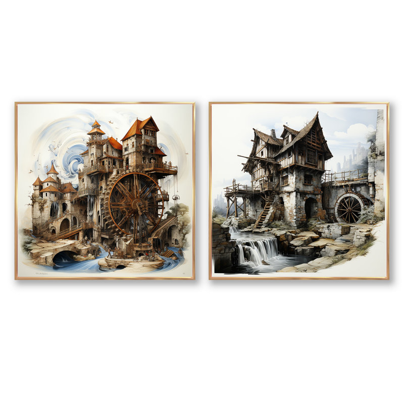 Dessin d'un conte de fées Mills - ensemble de 2 collages carrés Mills, Cadre flottant doré, H 36 po x l 73 po