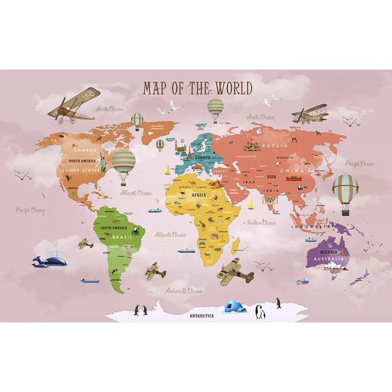 Adhésif mural carte du monde colorée et montgolfière Exley, L 106 po x l 187 po