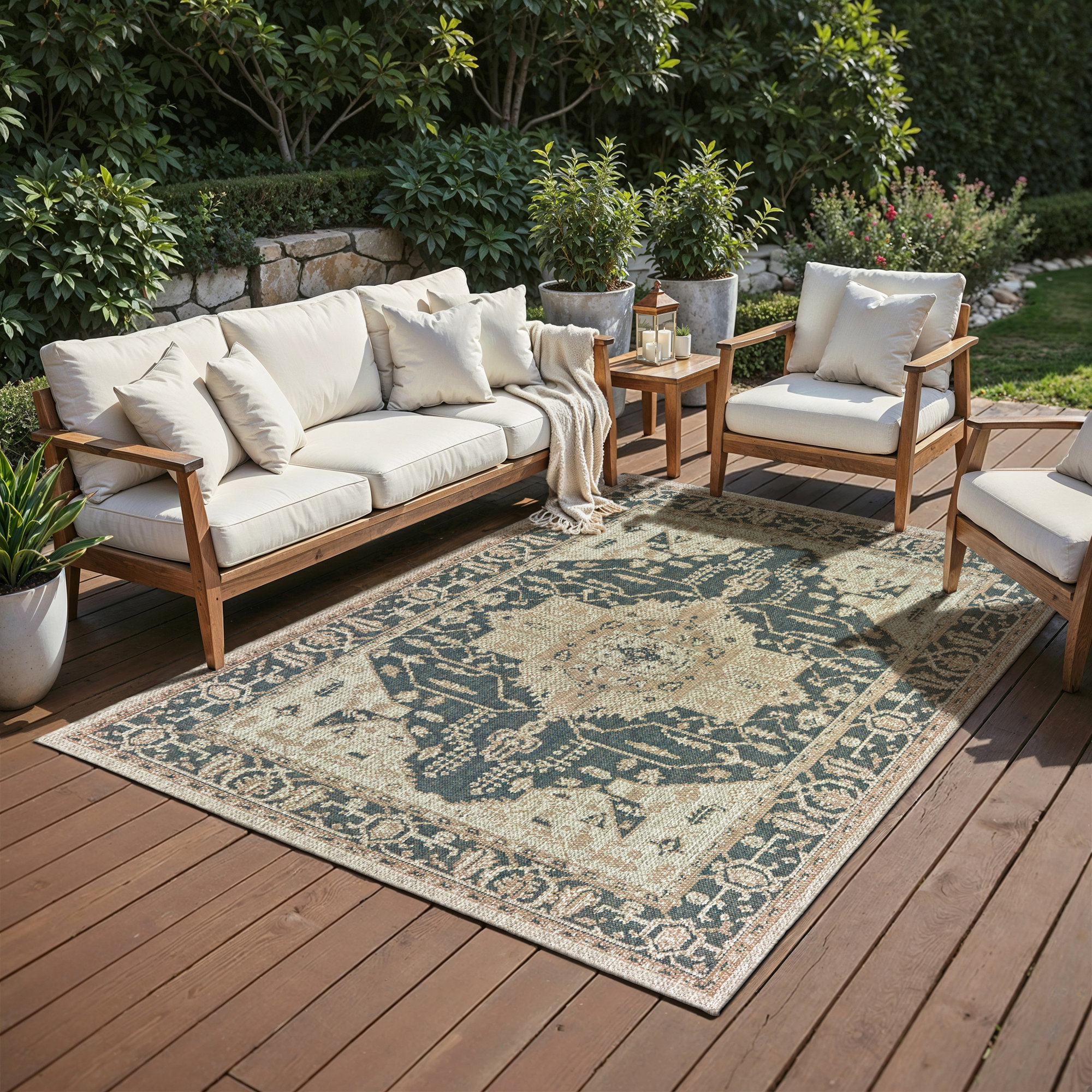 Crawford Dark Blue/Gray Indoor/Outdoor Rug, Rectangle 6'7" x 9'2"