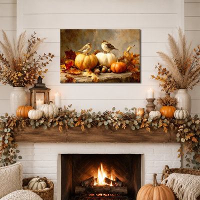 Art mural d'automne, art mural en toile de citrouille avec oiseaux, art mural d'automne, décoration murale d'automne pour le salon, couleur de récolte rustique, style maison de campagne, décoration de chambre douillette, 12 po x 16 po