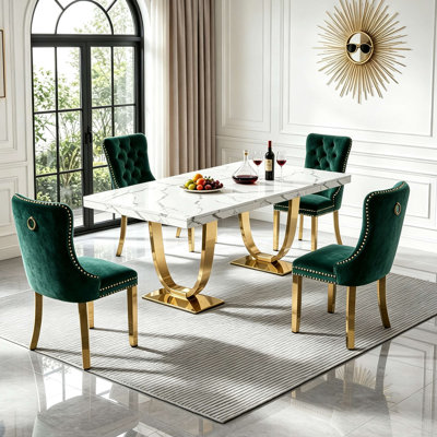 Ensemble de table de salle à manger 70,87 "de luxe moderne en faux marbre pour 4, ensemble de table de cuisine 5 pièces avec base unique en acier inoxydable en forme d'anneau double et 4 chaises de salle à manger rembourrées en velours vert, plateau de table en marbre, résistant aux rayures et aux taches et facile à nettoyer