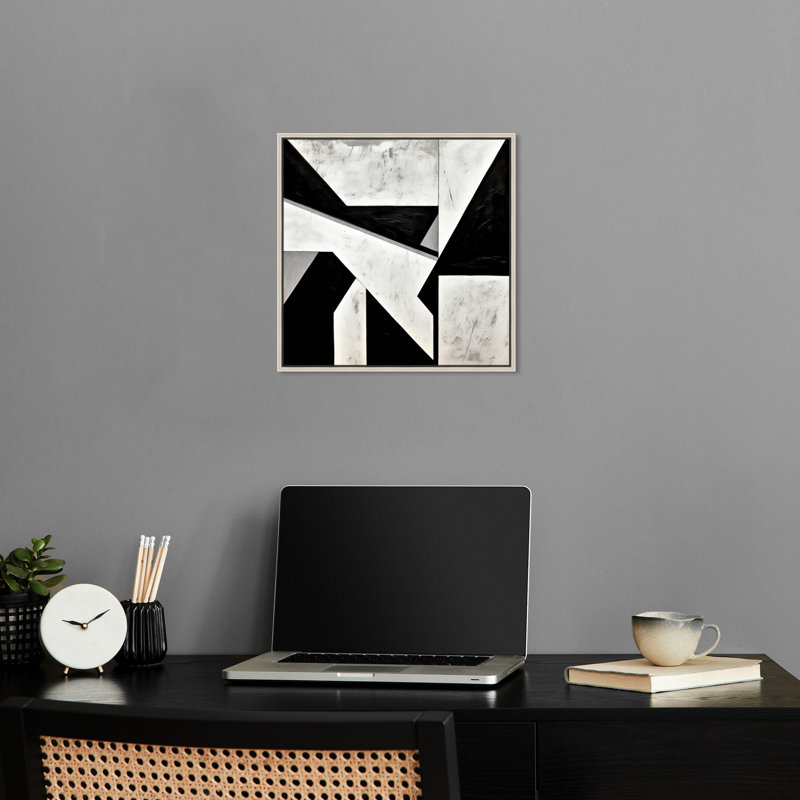 «Cubos Abstracts Canvas», art abstrait noir et blanc par Notoriart, Cadre argenté, H 13 po x l 13 po