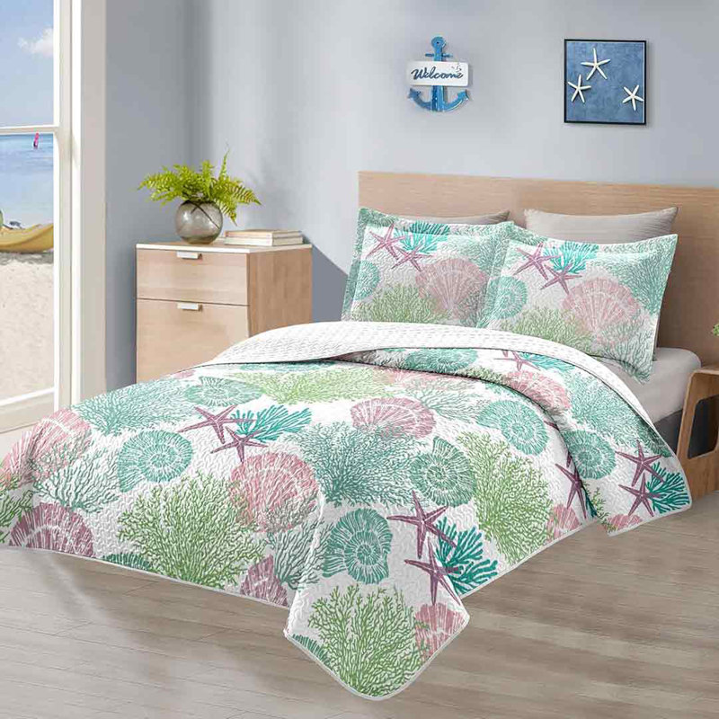 King Size Pink Reversible Microfiber Coastal Quilt Set