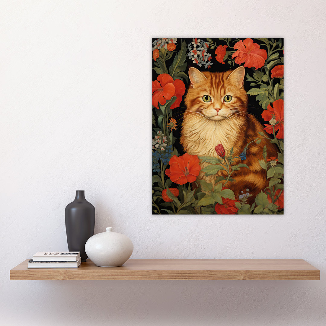 Stylish Ginger Striped Kitten Cat Amidst The Flowers Floral Design Illustration Large Wall Unframed Art Poster Print Thick Paper 18X24 Inch