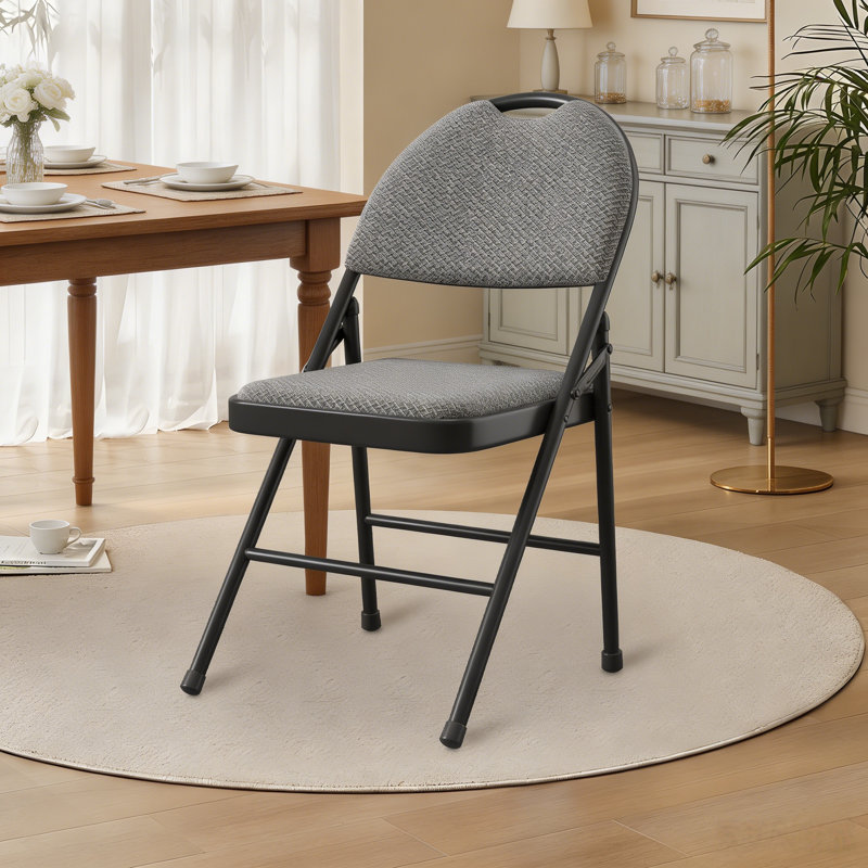 Ensemble de 4 chaises pliantes en métal avec siège rembourré en tissu, structure triangulaire, patins antidérapants et poignée de transport, conception pliable pour bureau à domicile Banquet gris