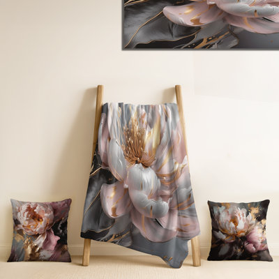Ensemble de couverture et oreiller Marble Pink Gold Peony Flower III - Abstract Marble