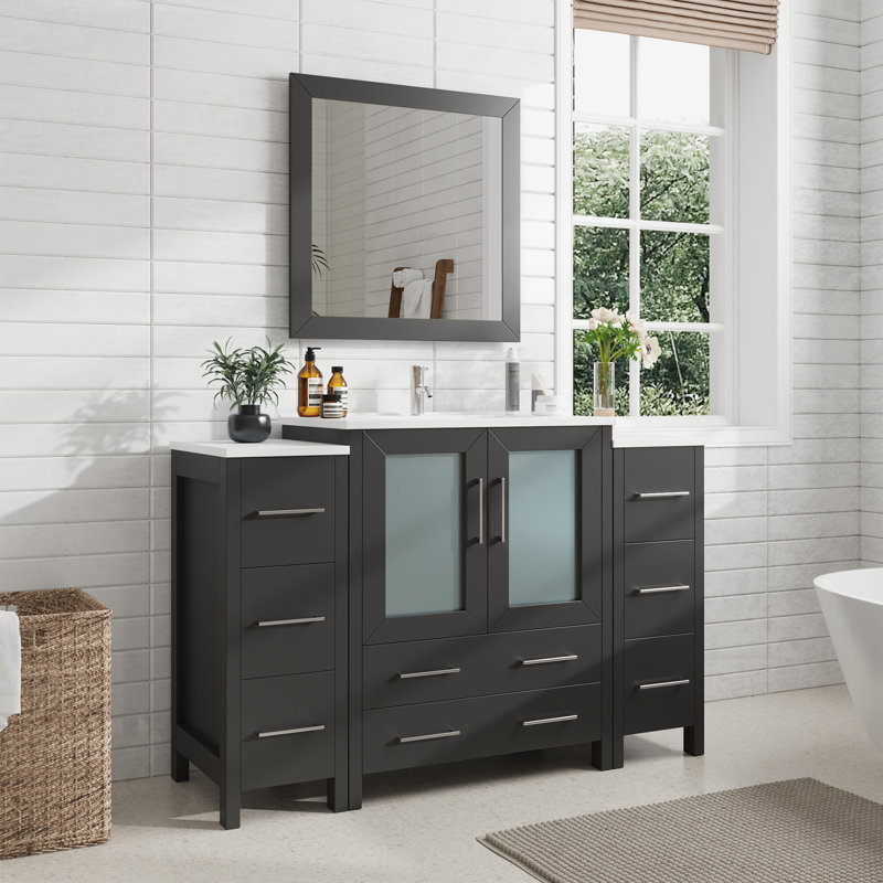 Ensemble de meuble-lavabo autoportant 54 po avec comptoir en céramique et miroir assorti Brescia, Espresso