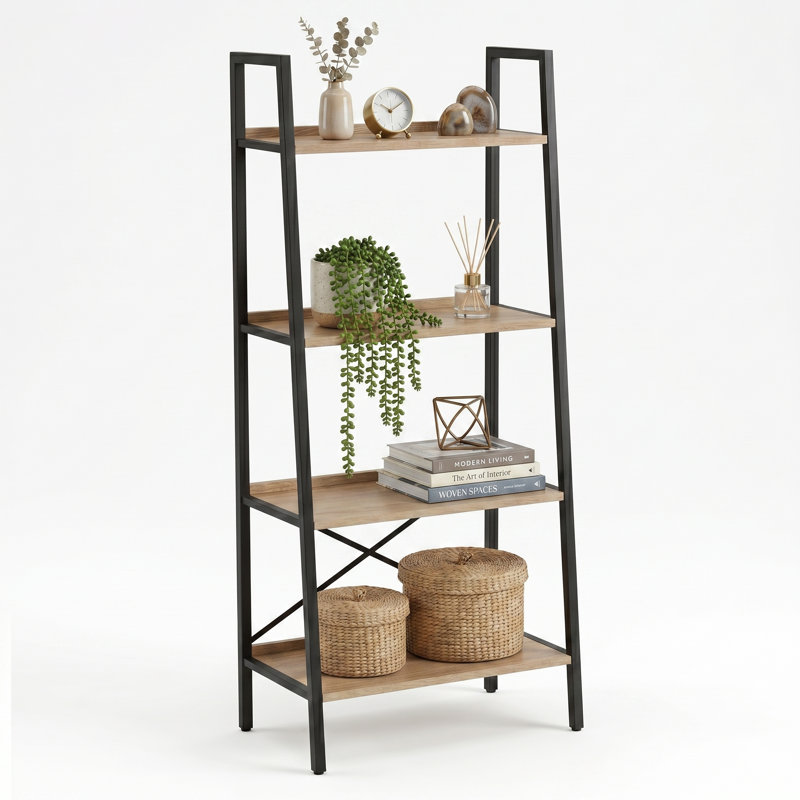 Bibliothèque échelle à 4 niveaux Zynix avec structure en métal, étagère de rangement en chêne rustique pour salon, chambre et bureau, 56,5 x 32,5 x 138 cm
