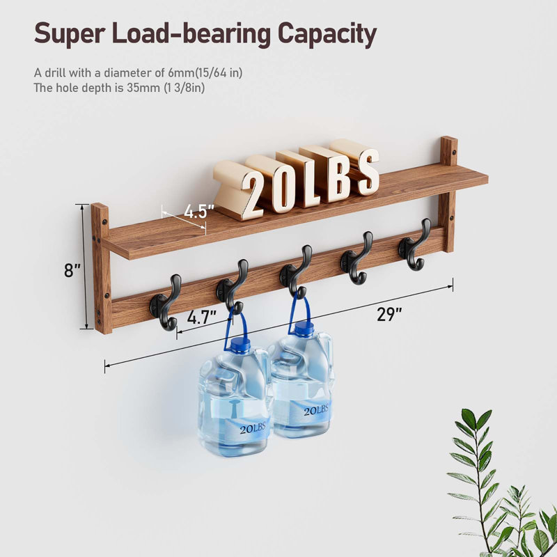 29'' Coat Rack Wall Mount with Shelf, Rustic Brown