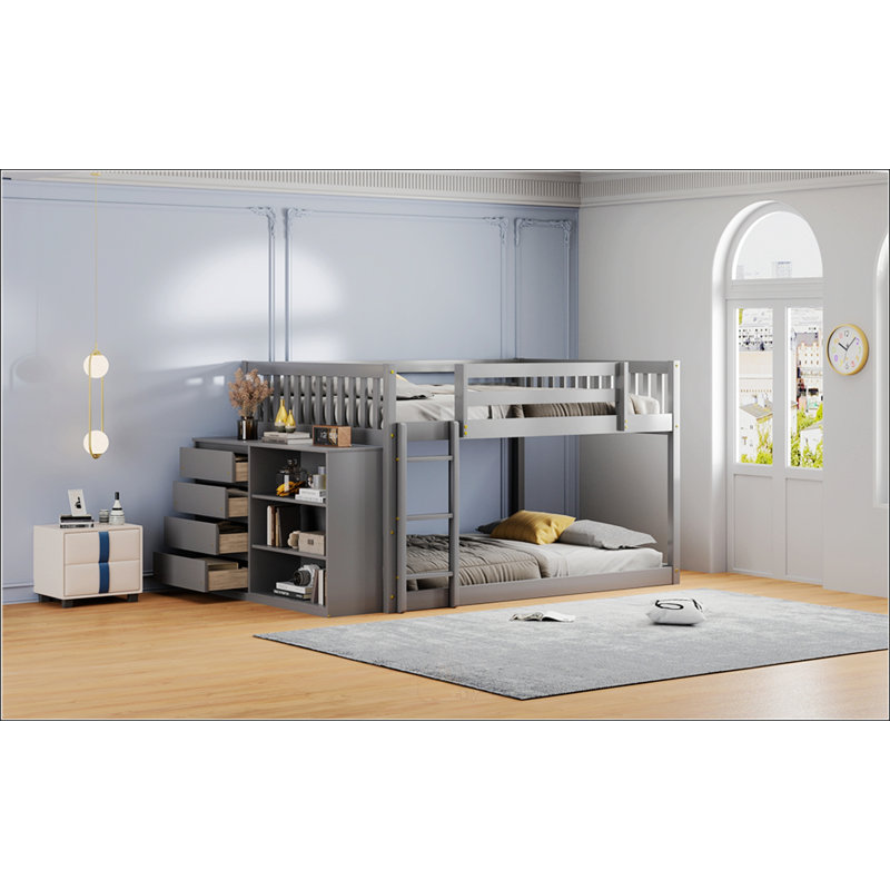 Lit superposé double avec 4 tiroirs et 3 tablettes, Gris