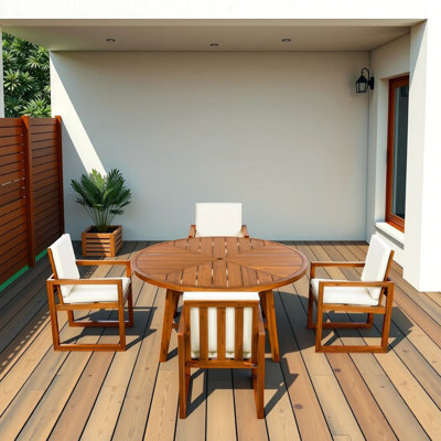 5-Piece Acacia Wood Outdoor Patio Dining Table And Chairs Set With Four Armchairs And A Table For Garden, Balcony, Backyard, Beige