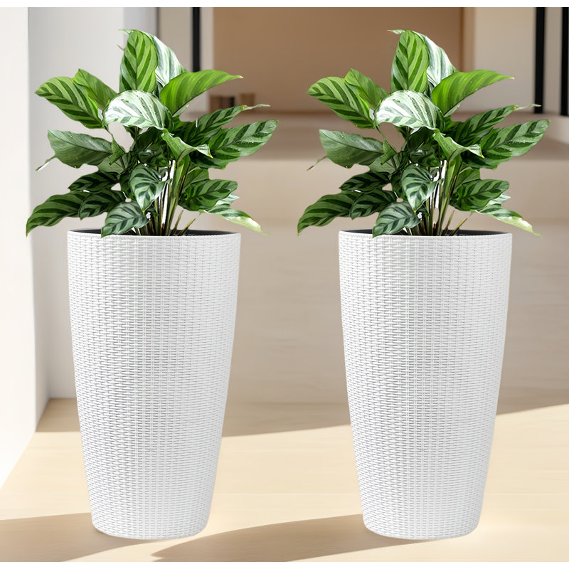 23 In. H Plastic Rattan Planter Set With Self-watering System (2-packs), White