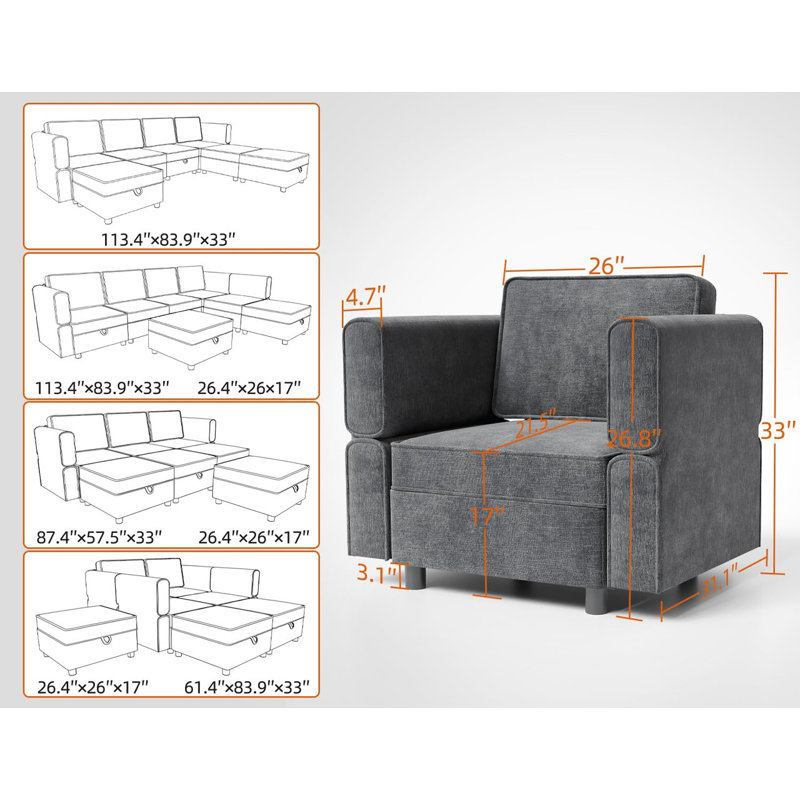 Canapé-lit modulaire en U avec repose-pieds, tissu en chenille, sièges de rangement et méridienne - canapé 7 places gris pour le salon