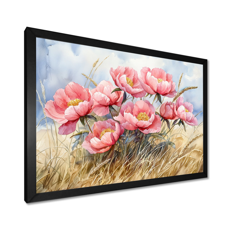 Doylene pivoines dans le champ d'herbe de blé III - pivoines, art mural, Reproduction encadrée d'une seule photo