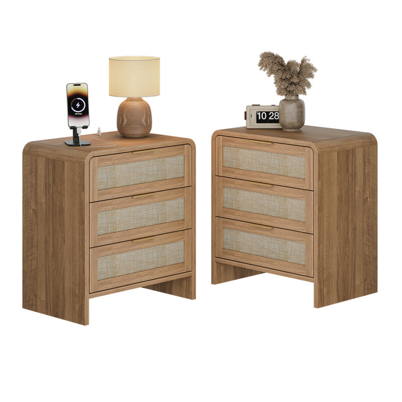 (Set of 2)Rattan Nightstand with Charging Station, Caramel B, 2