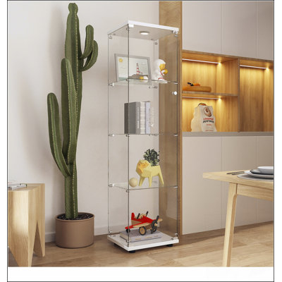 Vitrine en verre trempé et armoire de rangement avec lumière alimentée par batterie, pieds réglables et conception élégante pour divers espaces