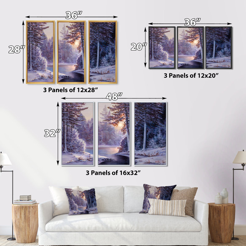 Forêt d'hiver avec la rivière au jour glacial - ensemble d'art mural sur toile encadré paysage, Noir, H 20 po x l 36 po