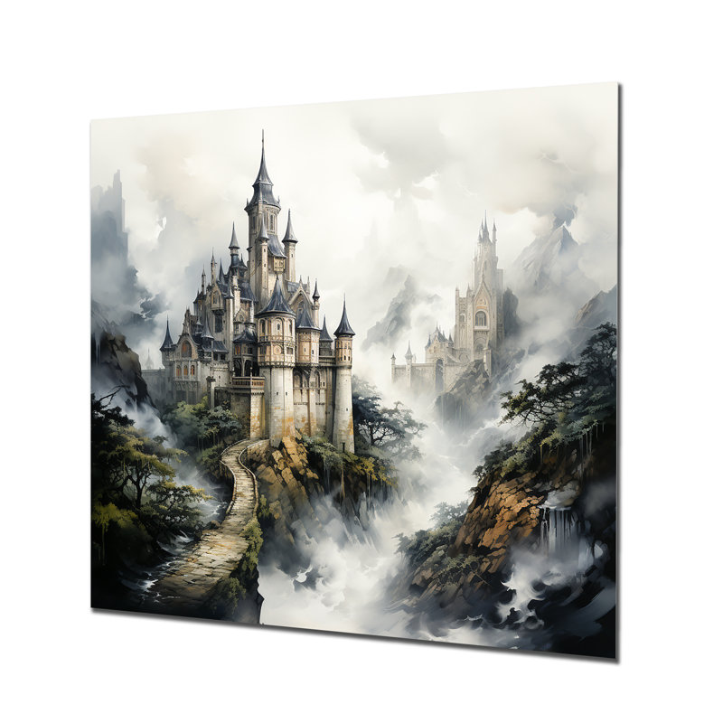 Foggy Fairytale Castle - Art mural fantastique en métal, H 16 po x l 16 po