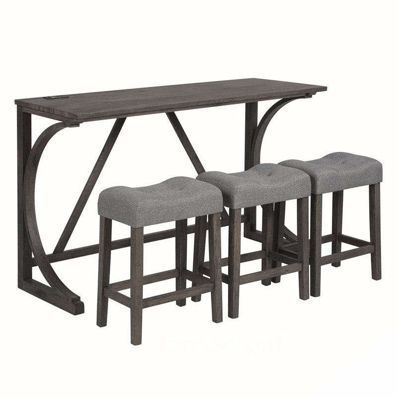 Versatile 4-Piece Bar Table Set with Power Outlet and Comfortable Stools, Gray/Grey