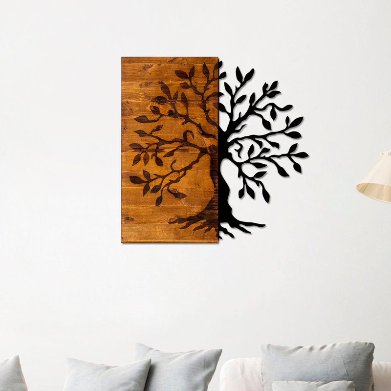 Decorative Wooden Wall Accessory, 22.8 x 22.8 inches | 50% Real Wood (Walnut) & 50% Metal (Black), Thickness: 1.2 inches | Unique Design for Home Décor, Easy Wall Hanging, Natural Variance in Color & Texture