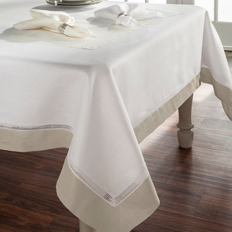 Linea Linen Tablecloth, 108" L x 72" W, White/Steel Gray