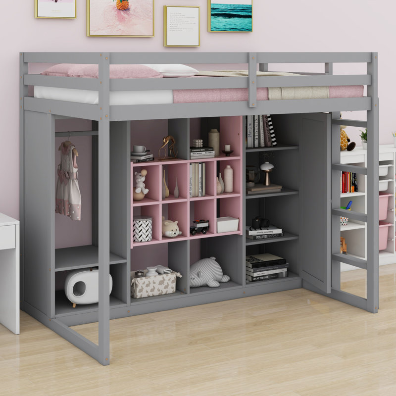 Wood Loft Bed With Wardrobe, Shelves And Cabinet, Gray, Twin
