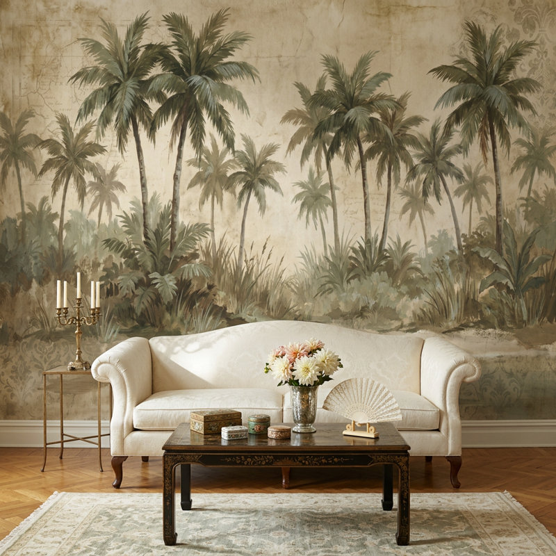 Papier peint rétro tropical, 100 po x 96 po, Peler et coller