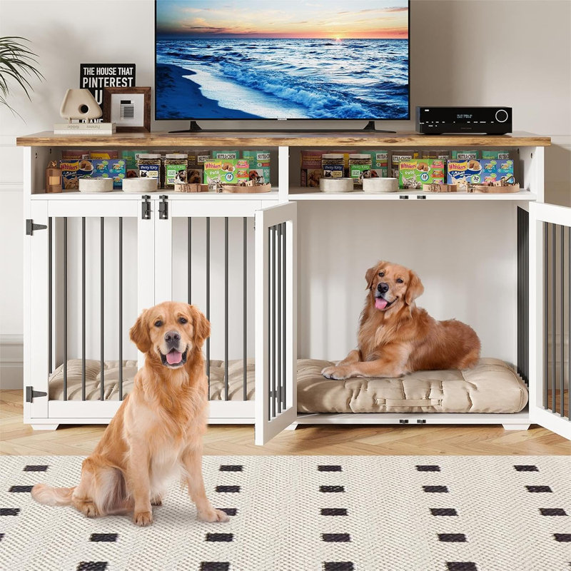 Meuble-cage pour chien, Blanc / Brun, H 35,03 po x l 63 po x P 23,62 po
