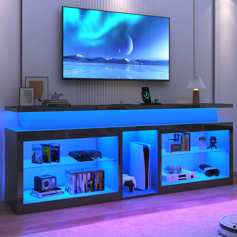 Meuble télé 71 po à DEL avec prise de courant, lumières DEL 60 couleurs pour téléviseur 65 70 à 80 po, centre de divertissement pour jeux ultrabrillant avec tablettes réglables, console de télévision au design moderne pour la chambre à coucher du salon