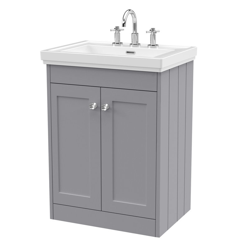 Old London Ashwick Satin Grey 600mm Floorstanding 2-Door Unit With Basin 3 Tap Hole