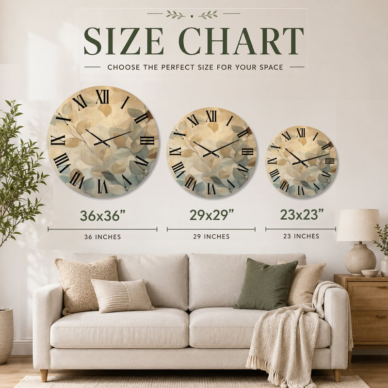Horloge murale ronde en bois massif bleu avec motif botanique « Feuilles et branches murmurantes », Extra Large