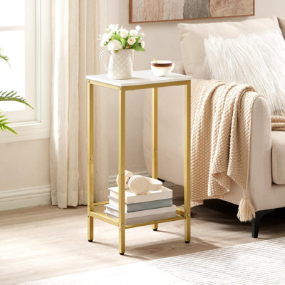 Table d'appoint haute, table de bout industrielle avec tablettes réglables en filet, pour salon, chambre à coucher, vestibule, bureau, blanc et or