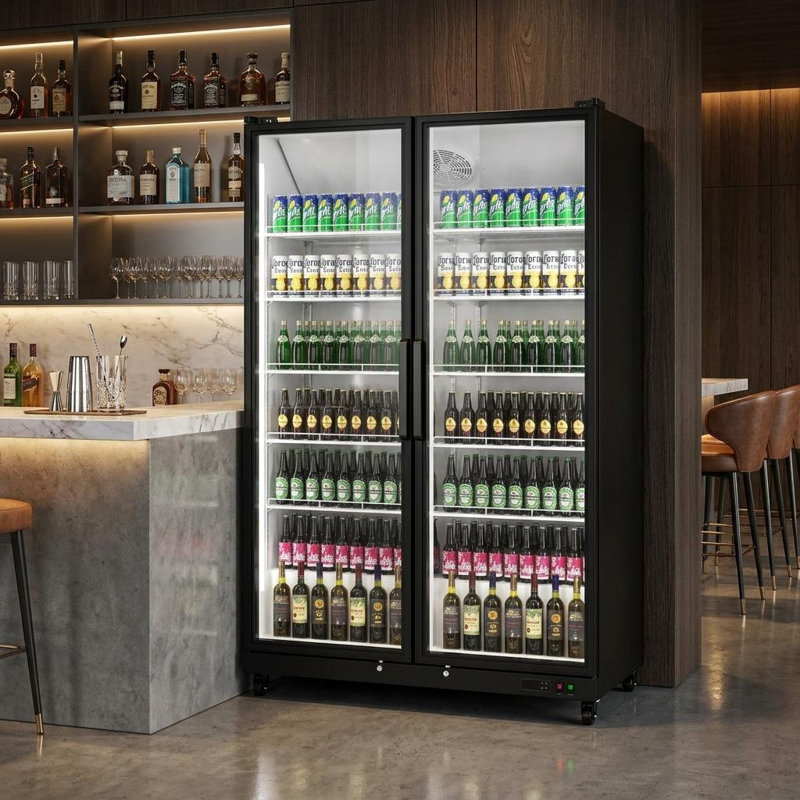 Réfrigérateur à boissons à double porte en acier inoxydable transparent et noir de 80 po x 50 po