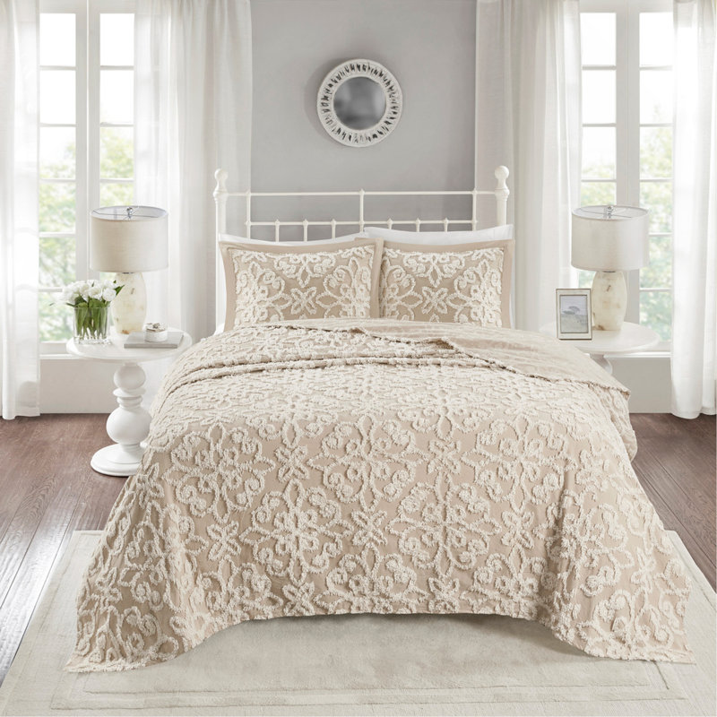 3 Piece Tufted Cotton Chenille Bedspread Set, King/Cal King, Floral Medallion Design For Cozy Bedroom