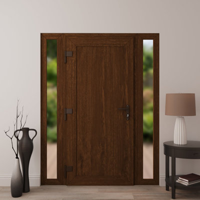 Front Exterior Prehung uPVC Metal-Plastic Door Frosted Glass Manux 8111 Walnut 2 Side Sidelites Office Commercial and Residential Doors Entrance Patio Garage 68 x 80 (W16+36+16 x H80) Right hand Inswing