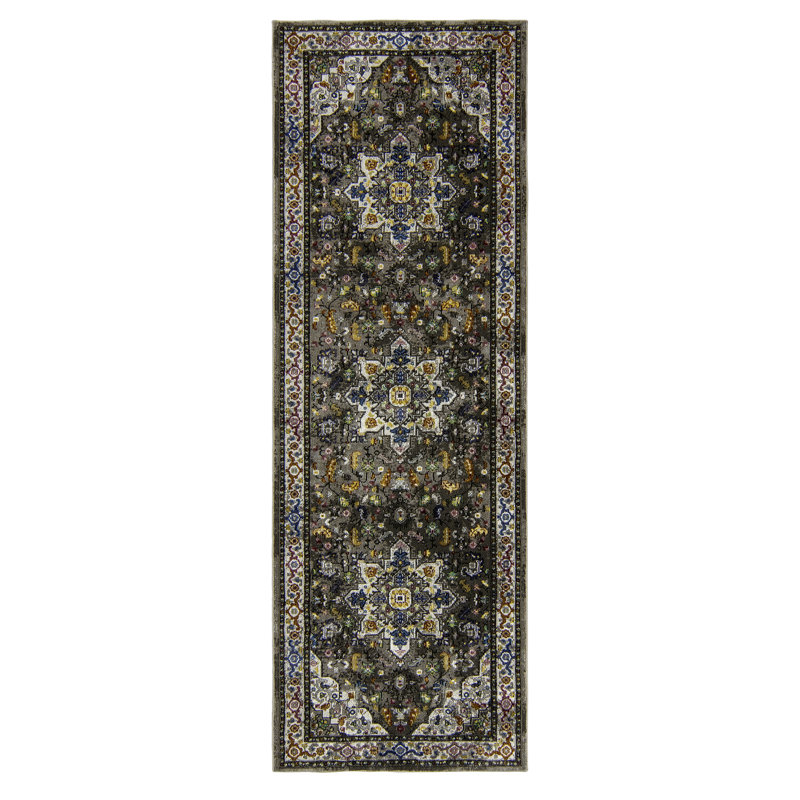 Tapis gris anthracite / bleu marine / doré à motif médaillon étoile Isabella Kerris, Tapis de couloir 2 pi 7 po x 8 pi