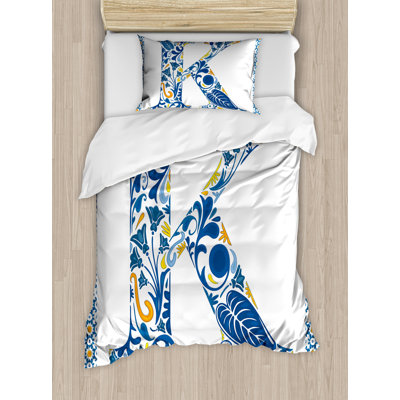 Ambesonne Letter K Duvet Cover Set, Leaves Blooms Initial, Twin, Blue Yellow Orange -  nev_44517_twin