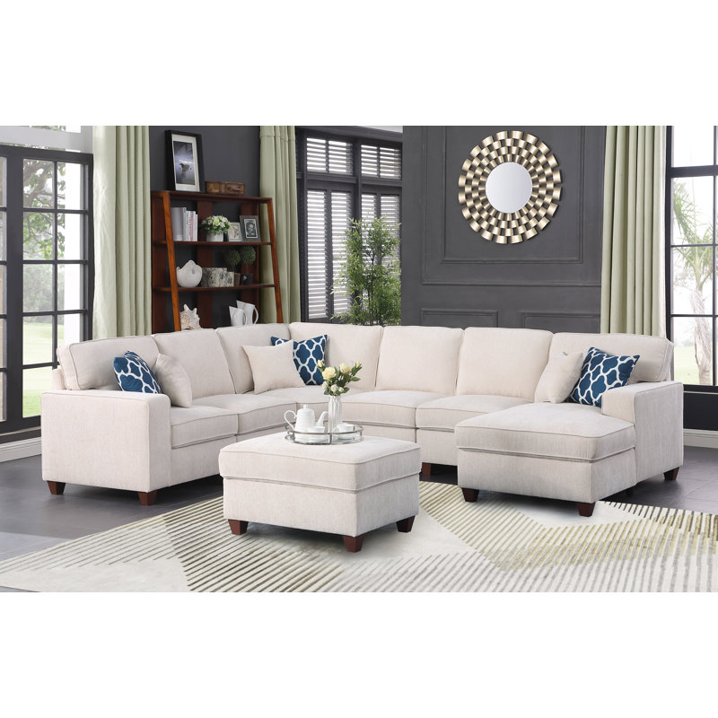 Upholstered U-Shaped Sectional, Beige Chenille