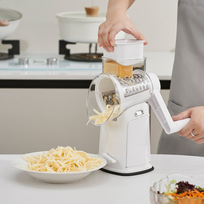 5-in-1 Rotary Cheese Grater with Strong Suction Base, 5 Interchangeable Blades, Easy to Clean, Hand Crank Kitchen Shredder for Vegetables & Fruits(White)