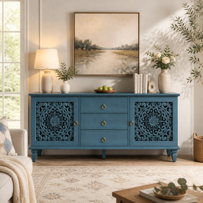 Meuble télé 55,5 po de large avec portes sculptées et 3 tiroirs, bleu antique