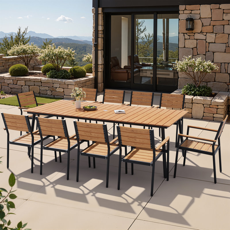 Ensemble repas rectangulaire pour 10 personnes avec trou pour parasol Cyanni, Brun
