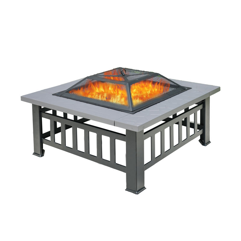 W31.9" * H14.9" Steel Wood Burning Outdoor Fire Pit With Lid - Black, Gray