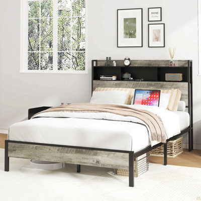 Structure de lit double, structure de lit plateforme en bois, avec rangement et 2 tablettes, sans bruit