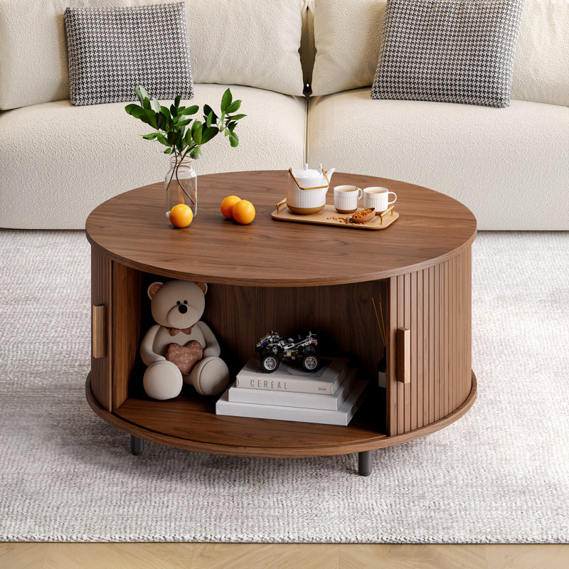 31.5" Modern Round Coffee Table With 360° Curved Sliding Door., Walnut